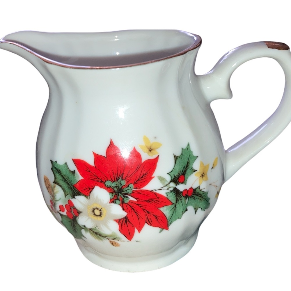 Vintage Christmas Creamer Pitcher Poinsettia & Holly Porcelain Gold Trim Holiday